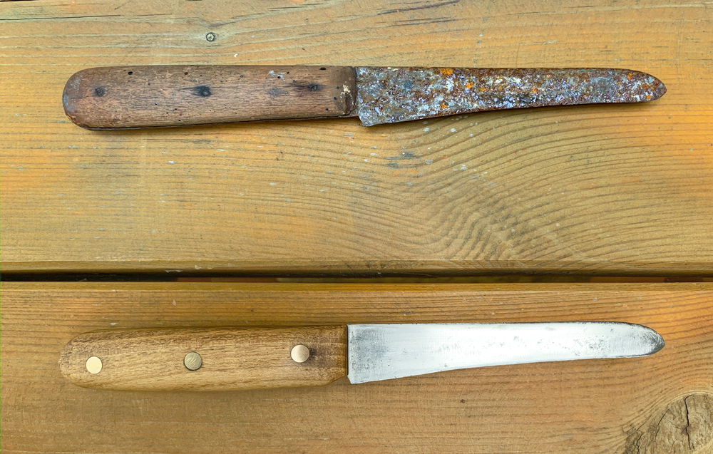 Rust can be removed from knives using a chemical such as Meta Glo